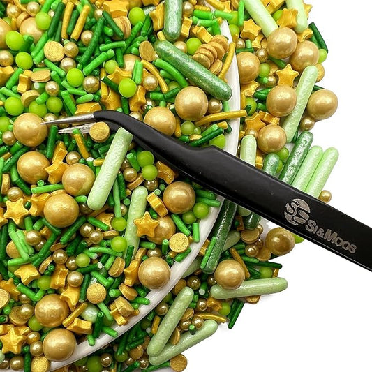 SE Si&Moos Sage Green and Gold Sprinkles 4.6 OZ Gold and Green Edible Pearls for Cake Decorating Jungle Sprinkles Baby Shower Birthday Halloween Christmas Cookie Decorations with Tweezers