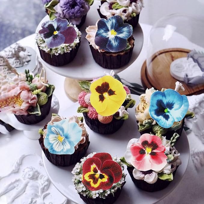 60 PCS Edible Flowers Cupcake Toppers Edible Spring Bridal Engagement Pansies Cake Decorations Wafer Paper Flowers Cupcake Picks for Baby Shower Kids Birthday Party Cake Food Decorations Supplies