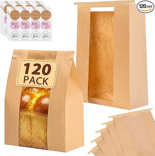 Moretoes 120 Pack Large Paper Bread Bags for Homemade Bread, 13.7x8.3x3.5 Inches, Sourdough Bread Bags with Tin Tie Tab and Clear Front Window, Includes 144 Label Seal Stickers (Brown)