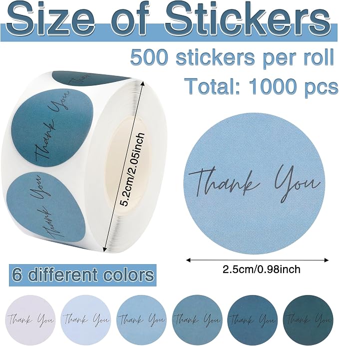 Thank You Stickers Small Business 1000pcs 1'' for Supporting My Small Business Stickers Labels 6 Colors Self-adhesive Labels for Gift Bags Packaging Round Sticker Tags for Shopping (Dusty Blue)
