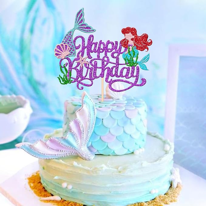 1 PCS Mermaid Happy Birthday Cake Topper - Glitter Ocean Starfish Seawood Seashells Tail Cake Decoration for Under the Sea Theme Baby Shower Birthday Party Supplies Purple