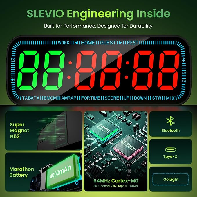 Gym Timer Clock Bluetooth App Controlled Magnetic Workout Interval Timer, Home Large LED Digital Display, Countdown Clock for Score Crossfit, Tabata, HIIT, EMOM, Boxing (Black)