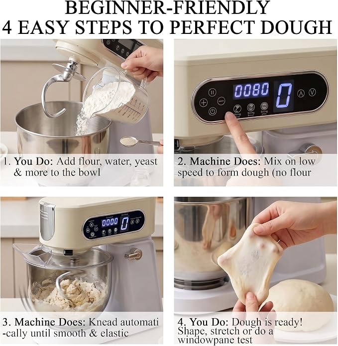 5.3 Qt 9-Speed Tilt-Head Stand Mixer, Multi-Function Electric Mixer | 3 Mixing Attachments, Meat Grinder & Vegetable Slicer, Stainless Steel Bowl, Splash Guard, Easy Clean, Almond Cream