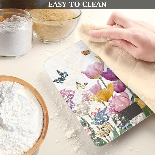Food Scale Kitchen Scale for Baking Cooking Digital Food Weighing Measuring Scale Small Waterproof Electric Food Scale Light Pink Tulips Butterfly