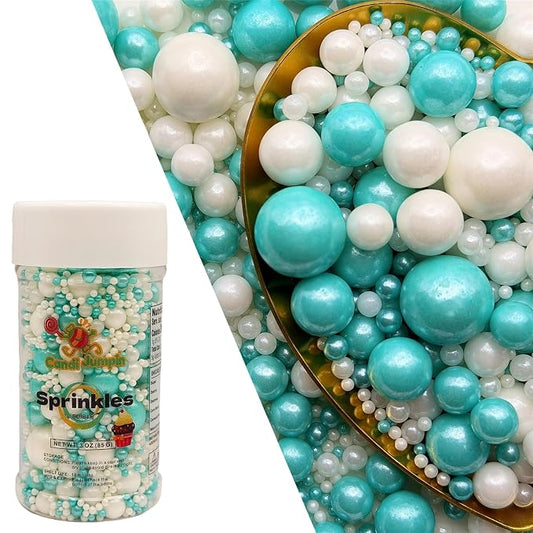 CandiJumpin Edible Pearls for Cake Decorating, Teal and White Pearl Sprinkles Teal Sugar Pearls Edible Cake Decorations White Pearl Sugar Sprinkles Cupcake Toppers Baby Shower Party Birthday Wedding Christmas Supplies 3 OZ