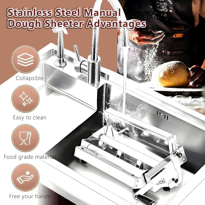 Dough Sheeter Manual, Adjustable Reversible Roller Machine for Bakery, 0-25mm Thickness for Croissants, Danish Pastries & Puff Pastry, Compact & Easy to Use