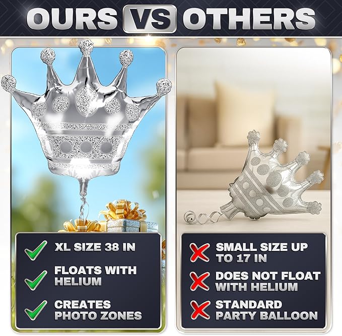 3Pcs Silver Crown Balloons – Reusable Foil Silver Balloons Set in Large 39" Size, Self-Sealing & Easy to Inflate, Durable – Suitable for Weddings, Birthday Celebrations & Princess Theme Decorations