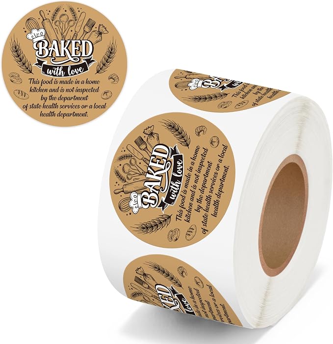 PANTIDE Cottage Food Law Labels Stickers - 500 Count Baked with Love Adhesive Round Decal Roll, Made in A Home Kitchen Inspection Statement for Bakery Baked Food Packaging (2 x 2 Inch, Kraft Brown)