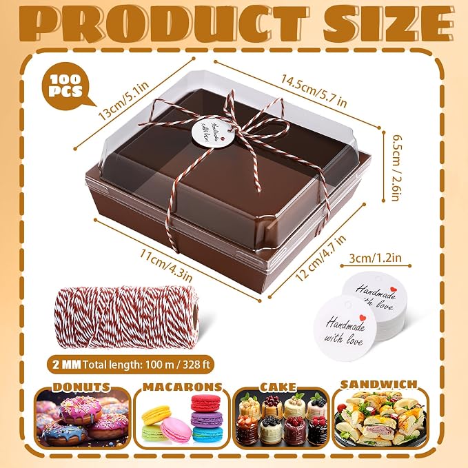 Outus 100 Pack Charcuterie Boxes with Clear Lids, Paper Dessert Boxes to Go with Gift Tags Rope Disposable Party Favor Treat Food Containers for Cookies, Donuts, Muffins, Salad, and Pastry