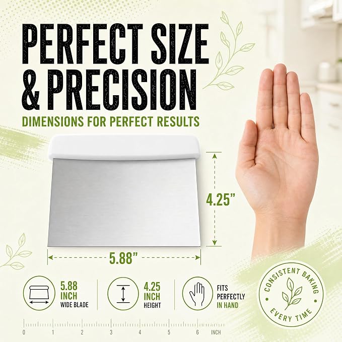 Stainless Steel Dough Cutter and Bench Scraper with White Plastic Handle - Pastry Scraper and Dough Divider for Bread, Pizza, Pastry, Baking Prep, and for Kitchen Use (5 7/8" x 4 1/4")