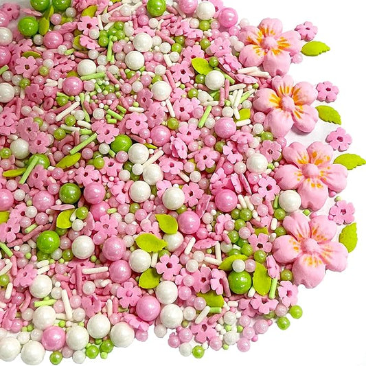 Homipooty Pink Flowers Sprinkles for Cake Decorating Edible Spring White Green Sugar Pearls Baking Cake Cookie Cupcake and Cake Topper Decorations
