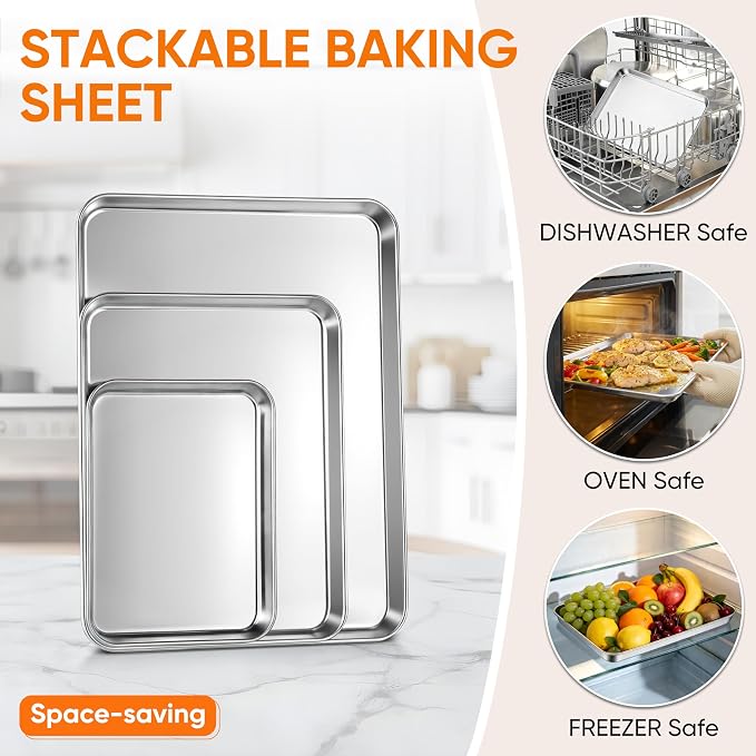LIANYU 3 Pack Stainless Steel Baking Sheets, Cookie Sheet Pan for Baking & Roasting, 16/12.4/9.2 In, Toaster Oven Pan Cookie Baking Tray, Non Toxic & Heavy Duty & Easy Clean, Dishwasher Safe