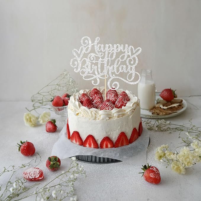 Gyufise 1Pcs Happy Birthday Cake Topper Glitter Cake Pick for Celebrating Anniversary Party Cake Decorations Supplies Silver