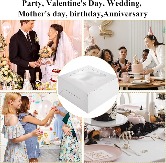 QTLCOHD 100 Pack 6 x 6 x 3 Inch Bakery Boxes with Window | White Cookie Boxes Bulk for Dessert, Cupcake, Pastry, Cookies, Treat, Strawberries Chocolate