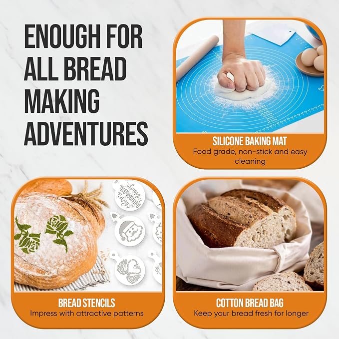 Complete Banneton Bread Proofing Basket Set - 9" Round & 10" Oval Baskets - Sourdough Starter Kit - Sourdough Bread Baking Tools and Supplies Include Dough Whisk, Scrub Brush, Lame - Complete Gift Kit