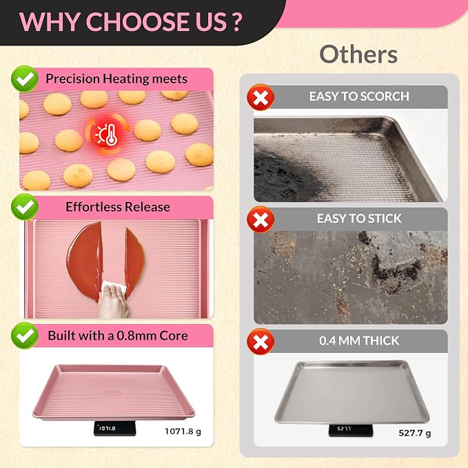 Professional Non-Stick Baking Sheets Set, 3-Piece Heavy Duty Carbon Steel Cookie Sheets with Oven Safe & Even Heating for Baking, Roasting, Cooking (Pink)
