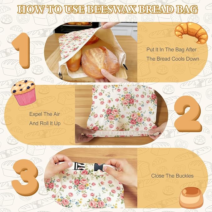 2 Pack Beeswax Bread Bags for Sourdough, 17x13 Inch Reusable Linen Beeswax Bread Bag with Buckle to Keeps Homemade Bread Freshness for Food Storage(Pink Floral)