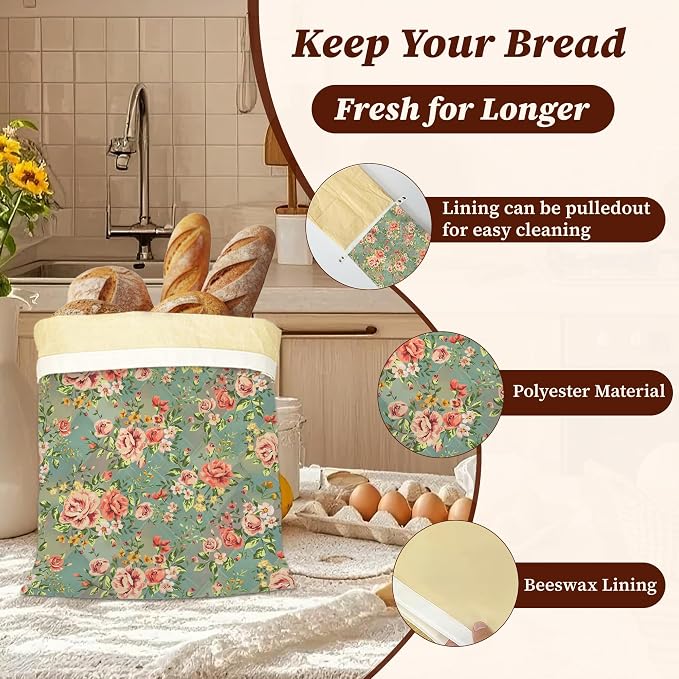 Bread Bags for Homemade Bread, Vintage Floral Rose Flower 2 Pack Linen and Beeswax Sourdough Storage Bags, Reusable Keeper, Keeps Breads Fresh Longer, Gifts for Bakers