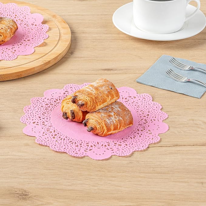 Pastry Tek 8 x 8 Inch Paper Lace Doilies, 100 Disposable Table Doilies - Elegant Lace Finish, Long Lasting, Pink Paper Doily, for Pastries, Cupcakes, Desserts - Restaurantware