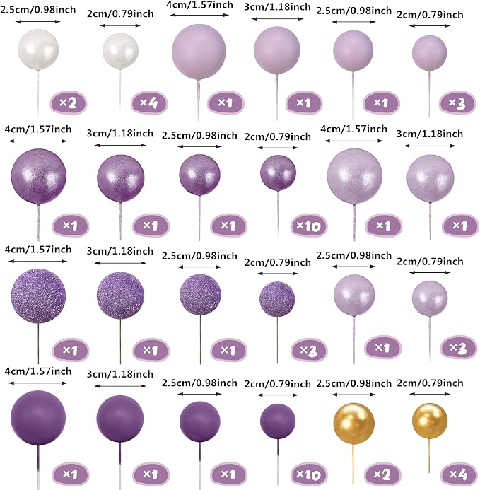 56 PCS Colorful Ball Shaped Cake Topper Pearl Balls Cupcake Cake Insert Topper for Birthday Party Wedding Decoration Supplies Purple Seven Colors
