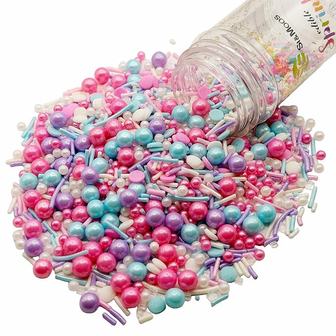 SE Si&Moos Pastel Sprinkles 3 OZ Pink Purple Blue and White Edible Pearls for Cake Decorating Edible Pearls and Sequins Sprinkles Mix for Baby Shower Wedding Halloween Christmas Cookie Decorations