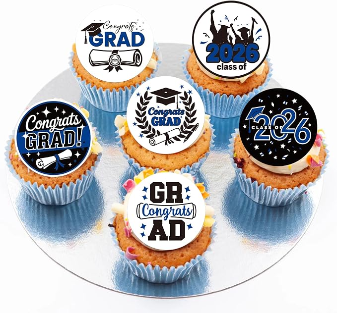63 PCS Edible 2026 Graduation Cupcake Toppers Diploma Congrats 2026 Grad Cap Cupcake Picks Edible Class of 2026 Cake Decorations for 2026 Graduation Theme Party Cake Decorations Supplies Dark Blue
