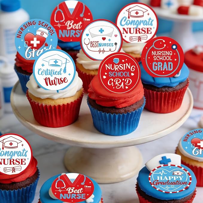 48pcs Edible 2026 Nurse Graduation Cupcake Toppers Wafer Paper Congrats Grad Nurse Cake Decorations Edible Class of 2026 Cupcake Picks for 2026 Graduation Theme Party Cake Decor Supplies