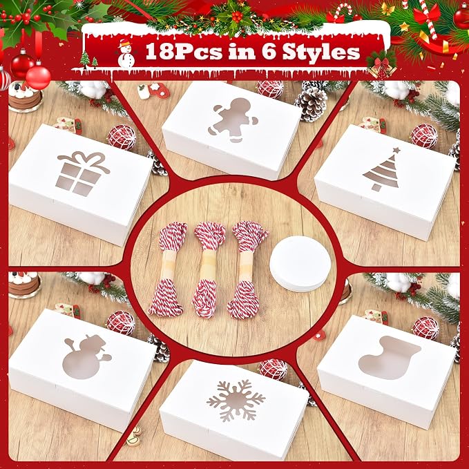 COTOPHER 18Pcs Christmas Cookie Boxes with Window, 9x6x3 inch White Bakery Boxes for Gift Giving, XMAS Treat Boxes Holiday Pastries Boxes for Cakes Muffins Donuts Chocolate Strawberries