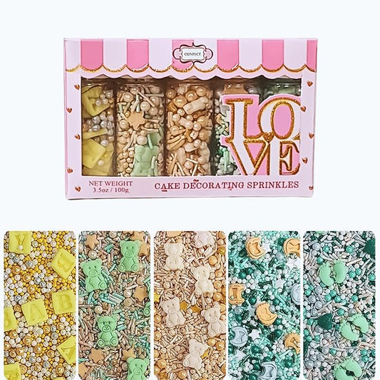 Baby Neutral Shower Sprinkles | Edible Sprinkles for cake & Cupcake Decorations | Assorted Pack of 5 Mix Baby Bib, Start, Heart & Feet Sprinkle | Vegan, Gluten-Free, Nut-Free, Soy-Free, Dairy-Free, Palm Oil-Free - 5 Oz