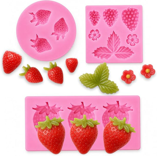 YunKo 3 Pack Strawberry Mold Set, Flexible Silicone Fondant Molds | Strawberry molds for cake decorating, cupcake toppers, chocolate, candy, fondant, and strawberry-shaped treats