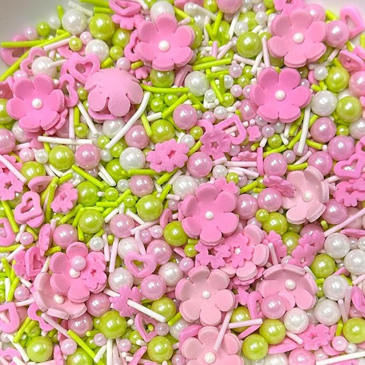 Flowers Sprinkles for Cake Decorating, 15 Pink Flowers Icing Decorations - 7 oz Easter Pastel Sprinkles Green Pink Sugar Pearls Jimmies for Cookie Decorating, Spring Sprinkles Cupcake Topper, Ice Cream, Candy Chocolate
