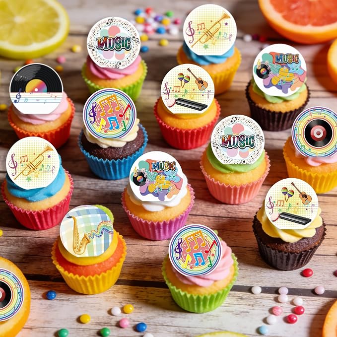 36PCS Edible Musical Cupcake Toppers Wafer Paper Music Symbol Cake Picks Music Concert Cake Topper CD Piano Violin Cupcake Picks for Concert Theme Party Decor