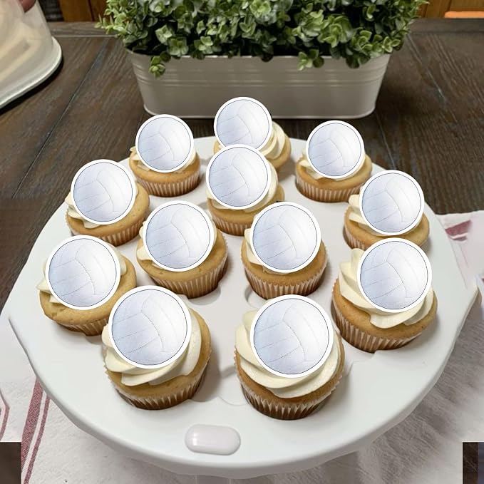 48 PCS Edible Volleyball Cupcake Toppers Wafer Paper Sports Ball Cupcake Picks Edible Volleyball Birthday Decorations for Sports Theme Baby Shower Kids Player Birthday Party Cake Decoration Supplies