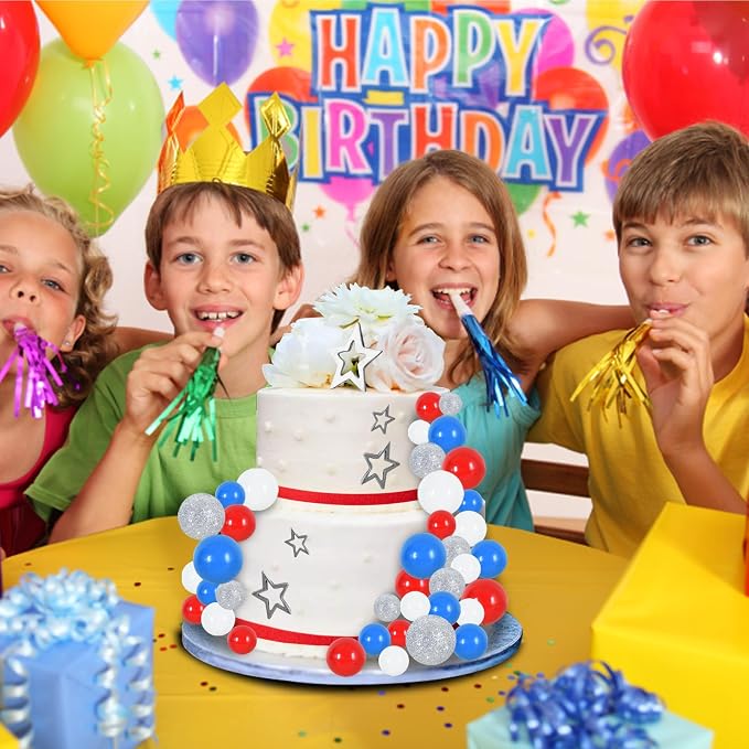 BEISHIDA 40 Pcs Foam Ball Cake Toppers with Sticks Mini Cake Decorations for Birthdays, Weddings, Baby Showers, DIY Baking Supplies, Anniversary Party (Red, Blue, White，Silver)