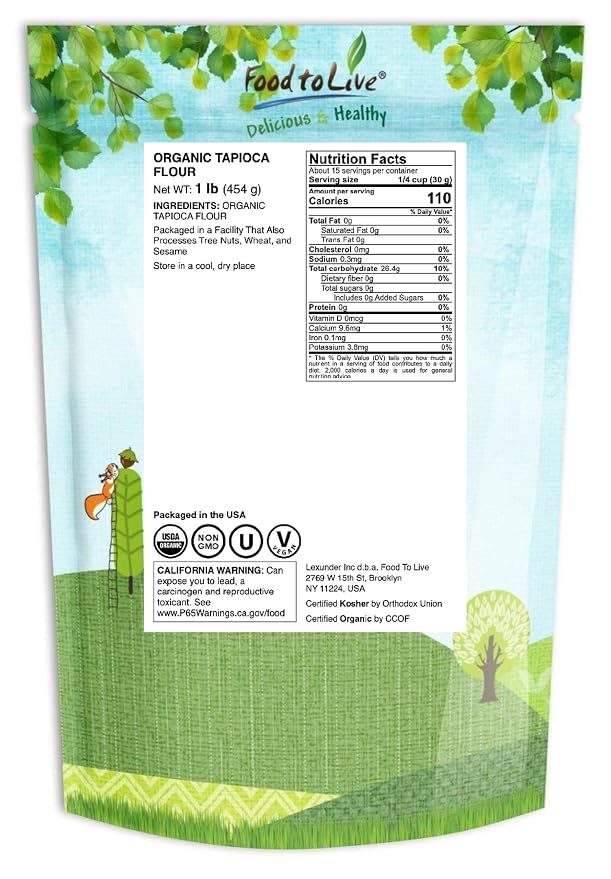 Food to Live Organic Tapioca Flour, 1 Pound – Non-GMO Finely Ground Tapioca Starch. Wheat and Rice Flour Substitute. All Purpose Thickening Agent for Baking, Sauces & Gravies. Vegan, Bulk