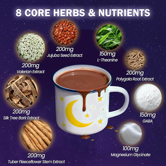 Mushroom Hot Cocoa, Melatonin-Free Natural Herbal Sleep Powder with Jujube Seed, Magnesium Glycinate, GABA, L-Theanine & 14 Mushroom Extracts | Calm, Relaxation & Immune | hot chocolate, 30 Servings