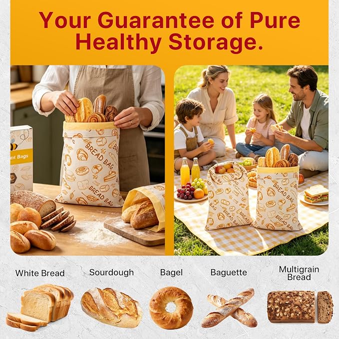 Reusable Beeswax Bread Bags Sourdough - Large Linen Bees Wax Bag for Storage Homemade Loaf - Cotton and Waxed Wrap Lined Container Lined for Sour Dough Fresh Food - Sealable Bread Keeper 2PK Set Gifts
