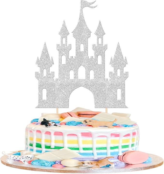 1 PCS Princess Castle Cake Topper Glitter Princess Cake Topper Queen Castle Theme Birthday Party Cake Decoration for Girls Princess Baby Shower Happy Birthday Party Decorations Supplies Silver