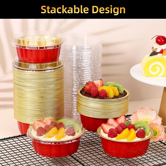 Beasea 8oz Disposable Ramekins with Lids, 120 Pack 235ml Aluminum Foil Baking Cups, Round Muffin Mini Creme Brulee Cups Tins Individual Cupcake Containers for Party Wedding - Red Gold