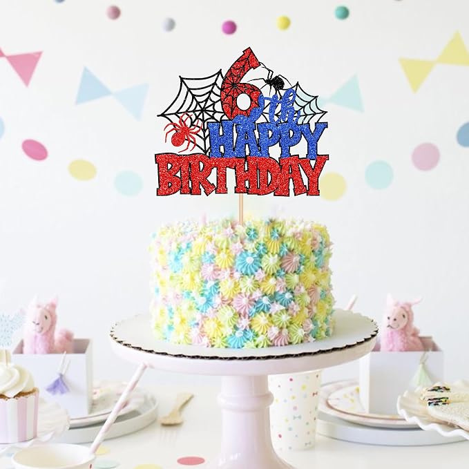 1 PCS Happy 6th Birthday Cake Topper Glitter Spider Web Cheers to 6 Years Six Birthday Cake Pick Superhero Spider Party Decorations for Boys Girls Happy 6th Birthday Party Cake Decorations Supplies