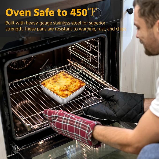 E-far 6 x 6-Inch Square Baking Pan with Lid, Small Stainless Steel Cake Brownie Pans Trays Dishes for Toaster Oven Air Fryer, Healthy & Dishwasher Safe - Set of 2(2 Pans + 2 Lids)