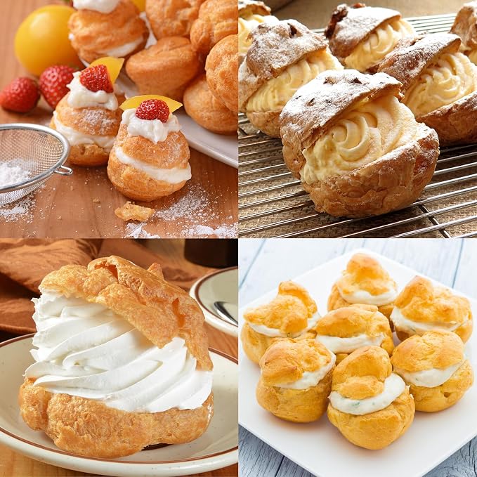 Kasmoire 3Pcs Cream Icing Piping Nozzle Tips,Stainless Steel Long Puff Nozzle Tip With 10Pcs Disposable Piping Bags,Puff Pastry Filling Cake Decorating Tools