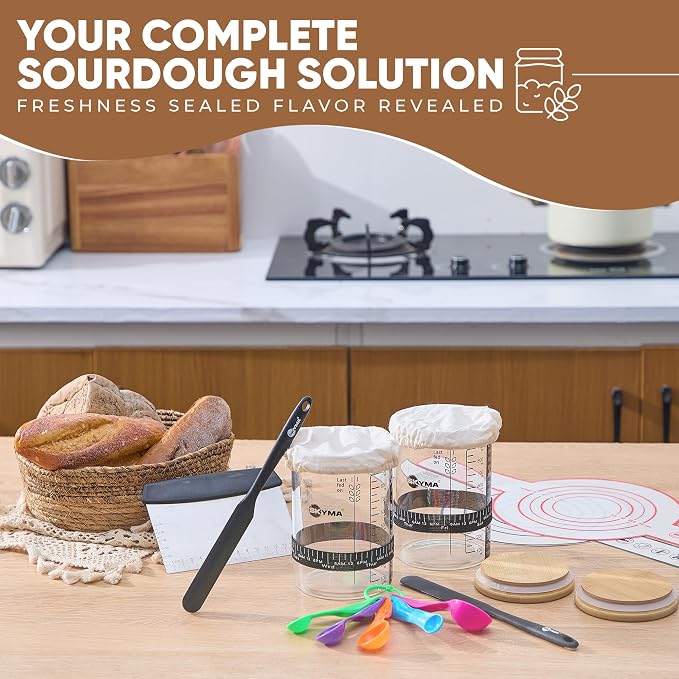 Sourdough Starter Kit - 2 Pack 34 oz, Sturdy Sourdough Starter Jar with 2 Bread Slings, Spatula Set, 5x Measuring Spoons, Dough Scraper & More Sourdough Bread Baking Supplies - Sour Dough Starter Jar