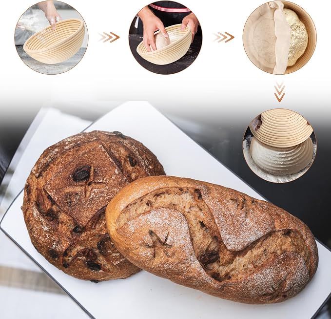 E-far Bread Proofing Basket Set of 2, 9 Inch Round Dough Bowls for Rising, Sourdough Bread Baking Supplies with Liners for Home and Professional Baking