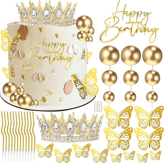 Crown Cake Topper, Gold Happy Birthday Cake Toppers Crown Balls Candles Butterflies, Corona Para Pastel, Cake Decorations for Women Princess Queen Wedding Party Decorations (Gold, White)