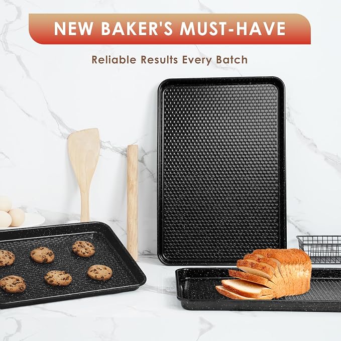 Baking Sheet Pan Set of 3, Nonstick Carbon Steel Cookie Sheets with Texture | Commercial Half/Quarter/Jelly Roll Pans Replacement Toaster Oven Tray, Heavy Duty & Easy Clean, Black