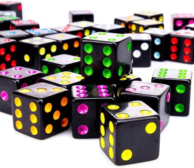 Brybelly Blackout Dice, 50-Pack — 16mm Six-Sided Black Game Dice with Neon Pips — 10 Color-Coded Sets of 5 for Liar's Dice, Farkle, Yacht & Classic Tabletop Games