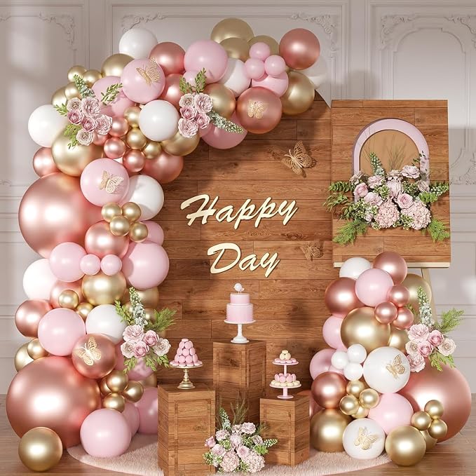 144Pcs Rose Gold Balloons Garland Arch Kit, Metallic Rose Gold Pearl White Confetti Balloons with 3D Butterfly Stickers for Birthday Wedding Baby Bridal Shower Party Engagement Decorations