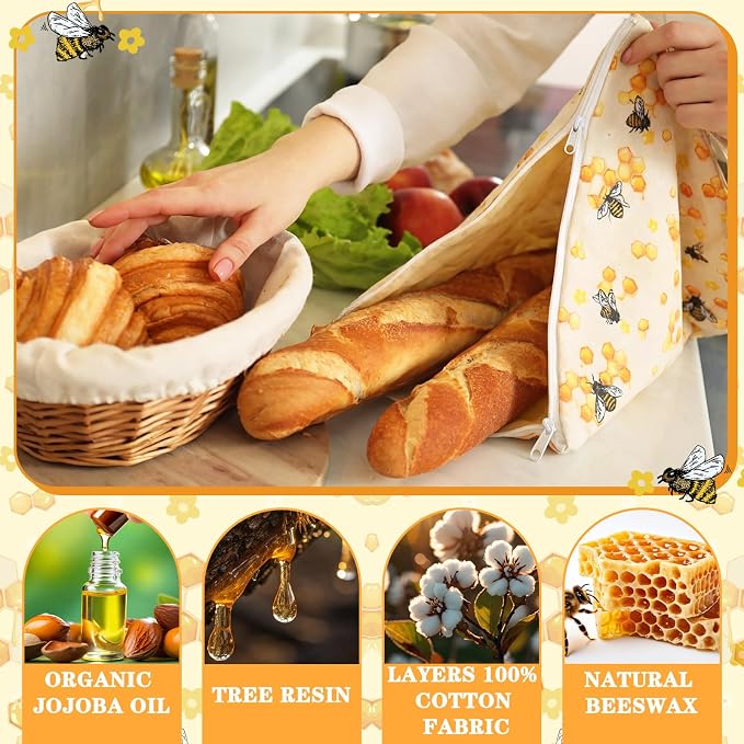 Hahafelt 2 Pack Beeswax Bread Bags with Zipper Seal for Sourdough and Homemade Bread XL Reusable Organic Linen Cotton Beeswax Loaves Food Storage Bag to Keep Fresh(Bee)