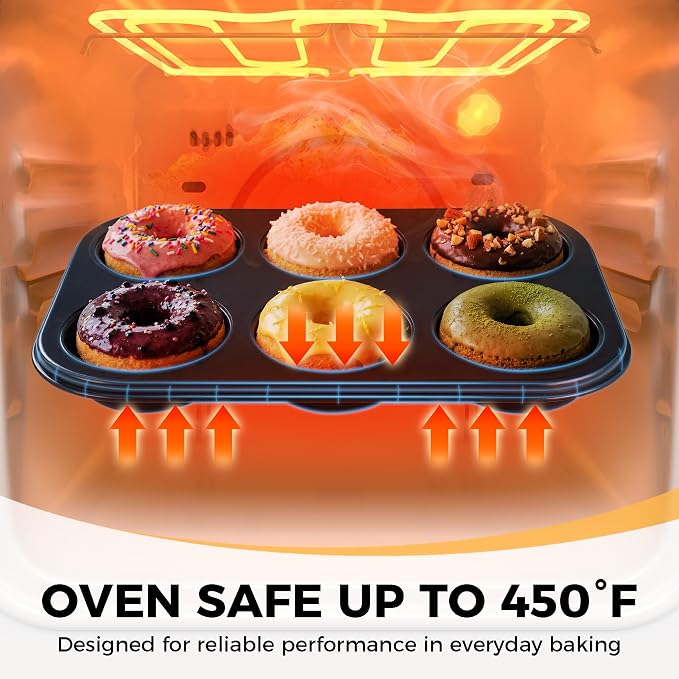 HONGBAKE Donut Pan for Baking, 2-Pack Nonstick Doughnut Pans, 6-Cavity Deep Donut Mold for Fuller Baked Cake Donuts, Heavy-Duty Carbon Steel, Oven Safe to 450°F - Black